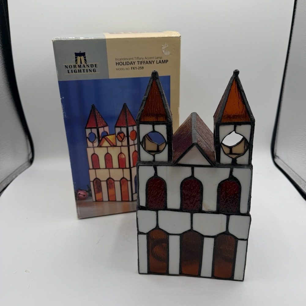 Vintage Normande Lighting Holiday Tiffany Lamp Church Stained Glass Accent Light